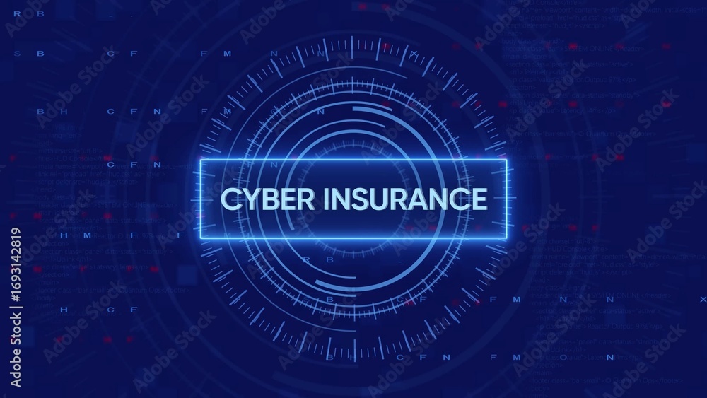 Poster glowing cyberinsurance text displayed on a futuristic circular hud against a dark blue digital backg