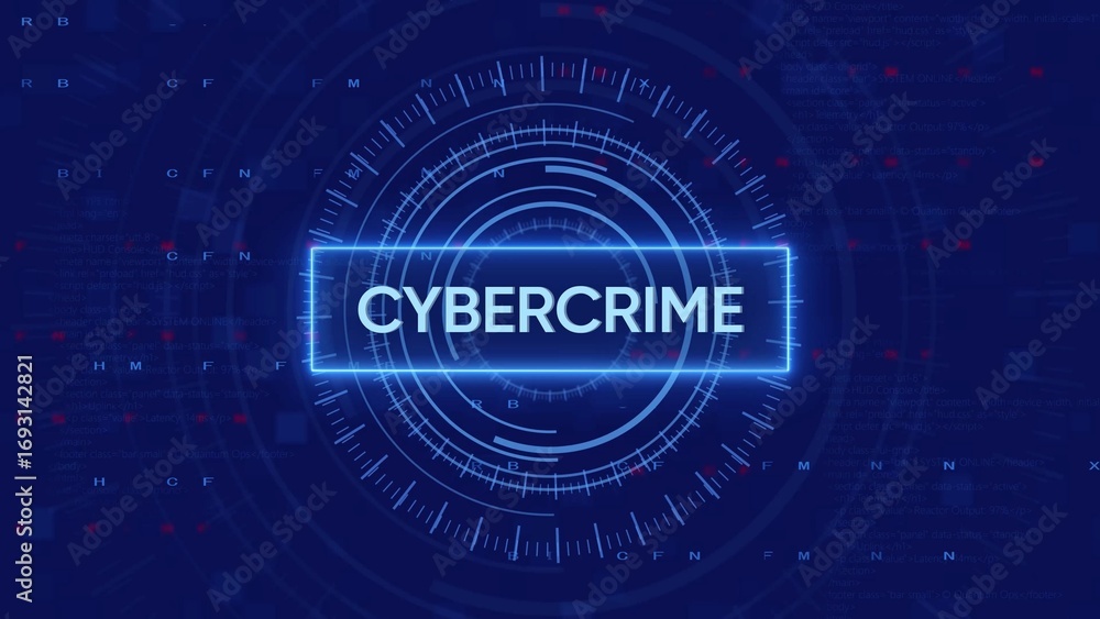 Aufkleber glowing cybercrime text displayed on a futuristic circular hud against a dark blue digital backgroun