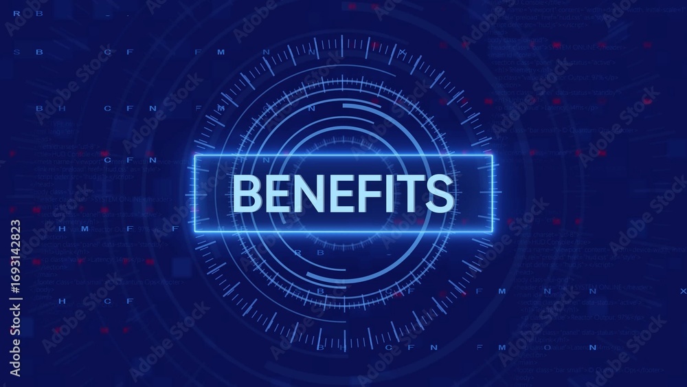Aufkleber glowing neon blue rectangular text box with the word benefits centered on a dark blue digital hud ba