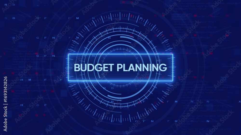 Poster glowing neon blue rectangular text box with the words budgetplaning centered on a dark blue digital 