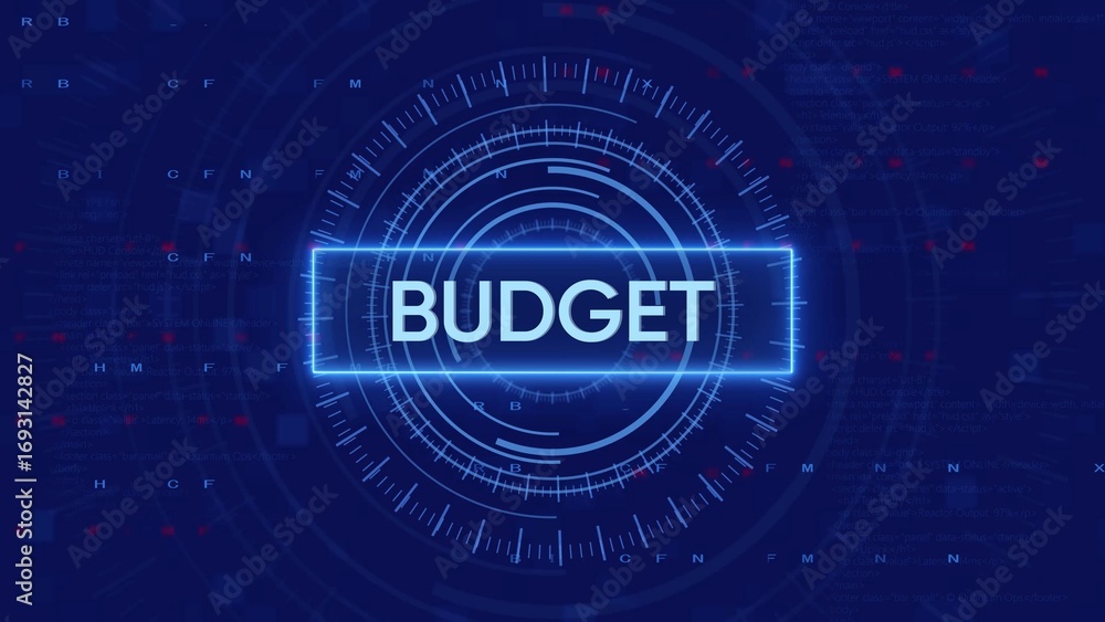 Aufkleber glowing neon blue rectangular text box with the word budget centered on a dark blue digital hud back