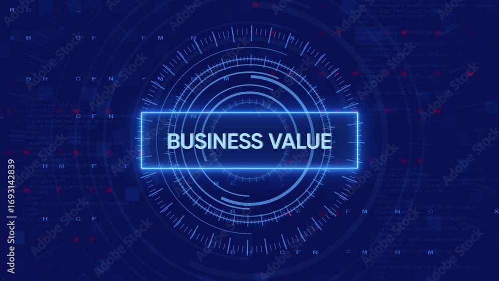 Aufkleber glowing neon blue rectangular text box with the words businesvalue centered on a dark blue digital h