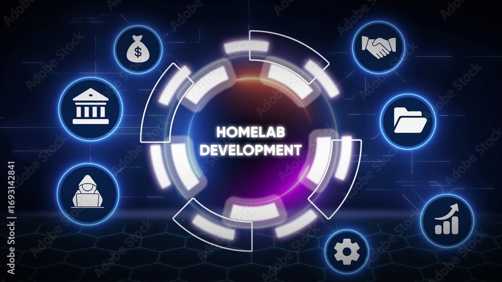 Poster homelab development concept with digital network and icons keywords: homelab, development, technolog