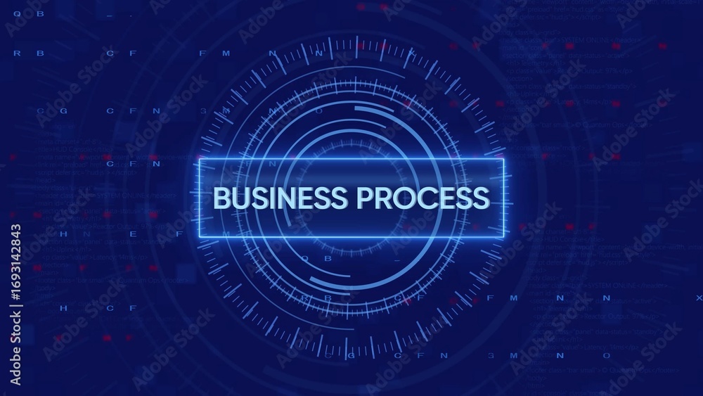 Poster glowing neon blue rectangular text box with the words businesproces centered on a dark blue digital 
