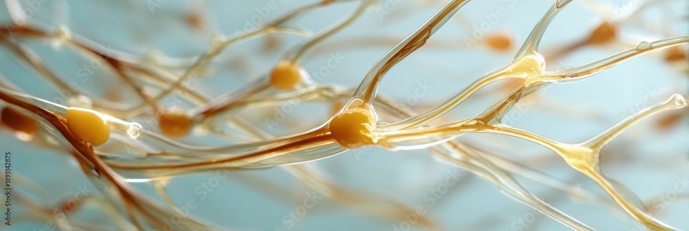 Poster intricate network of neurons showcasing synapse formation in a microscopic view under blue lighting