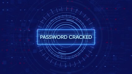 Glowing blue text PASWORDCRACKED appears on a digital interface with concentric circles and code against a dark blue background