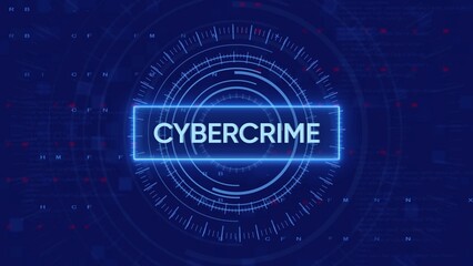 Glowing CYBERCRIME text displayed on a futuristic circular HUD against a dark blue digital background with data streams and code