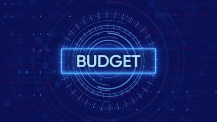 Glowing Neon Blue Rectangular Text Box With The Word BUDGET Centered On A Dark Blue Digital HUD Background With Concentric Circles And Data