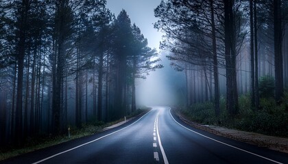 empty winding road through dark foggy forest at night with eerie atmosphere and tall trees