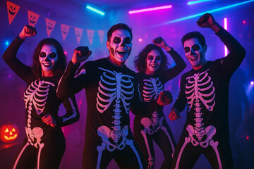 Group of people celebrating in skeleton costumes at dance party with neon lights and halloween decor. concept of halloween fun, spooky celebration, costume party