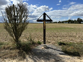 Christian wayside cross next to a bush in a field with trees in the background in 52399 Golzheim,...
