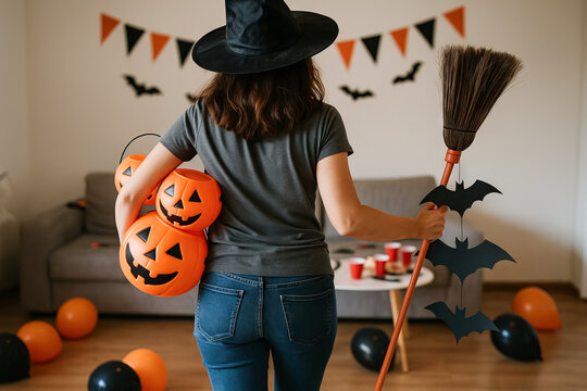 Witchy woman cleaning up after a halloween party with jack-o-lantern buckets and broomstick. concept of halloween cleanup, party aftermath, spooky celebration.