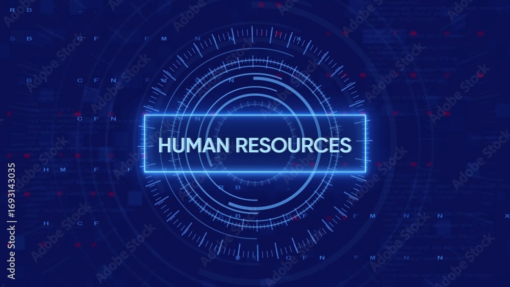 Poster human resources futuristic digital interface with concentric circles and code business technology