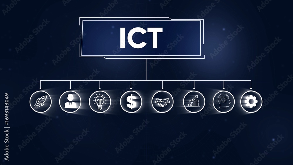 Aufkleber ict concept flowchart with icons representing information and communication technology functions inf