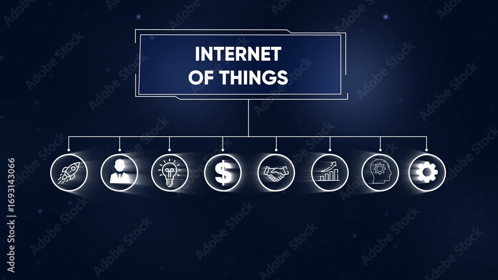 Poster internet of things concept flowchart with icons and dark blue background technology