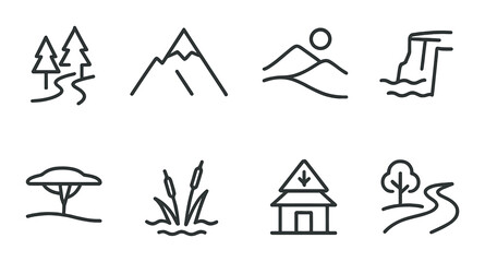 Nature exploration silhouette icon set. featuring forest, mountains, landscape, waterfall, savanna, reeds, cabin, and tree path.