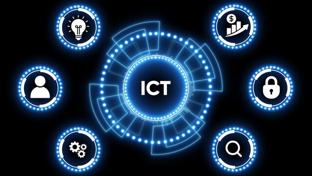 ICT concept with glowing blue circular interface and icons on black background information and communications technology