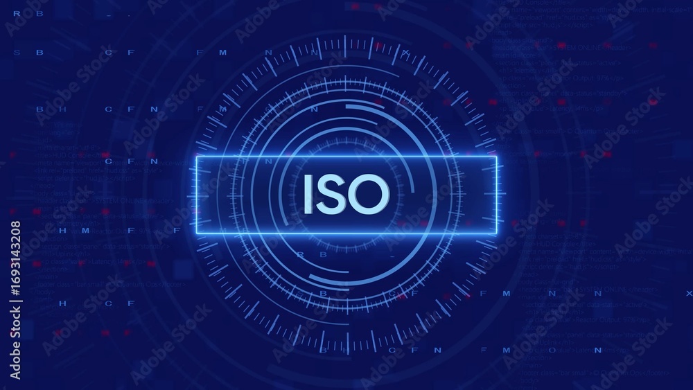 Poster iso text in neon blue on a futuristic digital hud display with abstract background standard certific