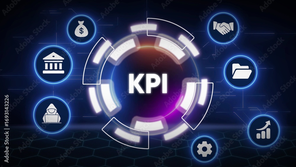 Aufkleber kpi concept with interconnected icons and digital network background key performance indicator metri
