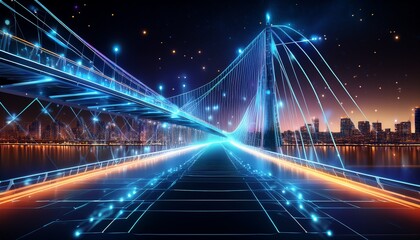 digital representation of a iconic bridge at night a futuristic wireframe design showcases the bridge s structure against a backdrop of a city and starry night sky