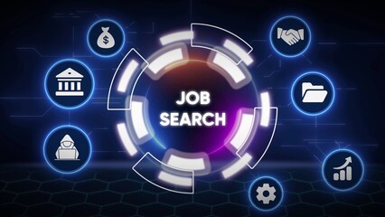 Job search concept with interconnected icons and digital network background employment career