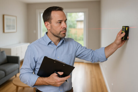 Appraiser evaluating interior spaces using advanced measuring tools for accurate property assessment and home valuation