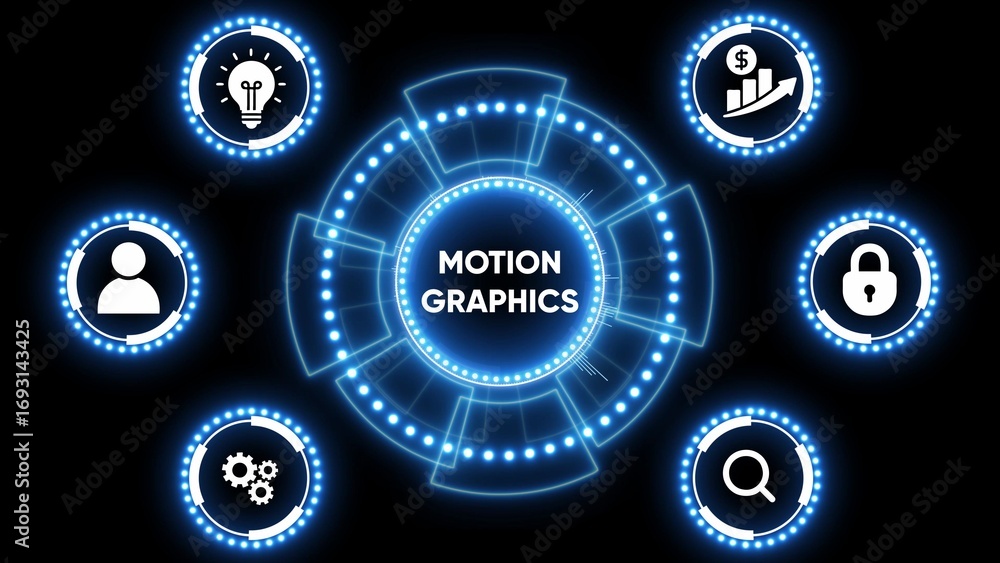 Poster motion graphics digital hub with icons for idea lightbulb people growth lock search and gears animat