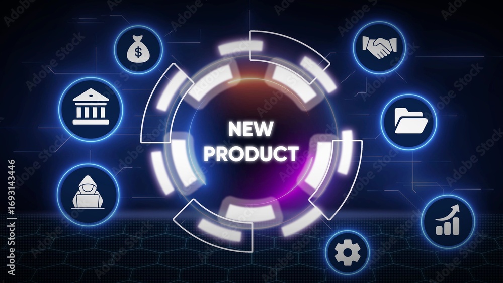 Poster new product launch concept with digital icons and futuristic central display innovation development