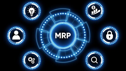 MRP Digital Hub with Icons for Idea Lightbulb People Growth Lock Search and Gears Material Requirements Planning