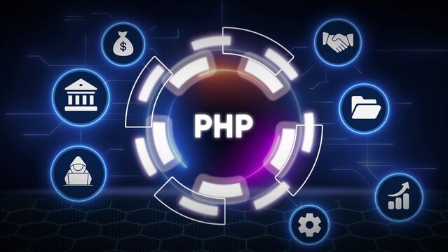 PHP Programming Language Concept with Business and Security Icons in a Futuristic Network coding web development