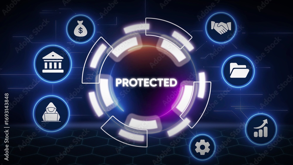 Poster protected concept with icons for security finance and business operations on digital network safety 
