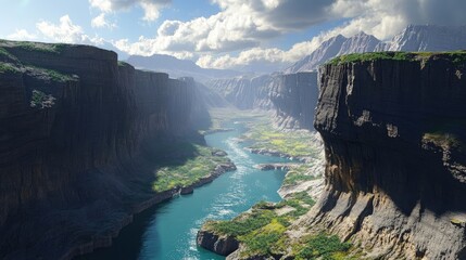 Deep canyon with steep rock walls and winding river in misty landscape. Layered cliffs and distant haze suggest grand scale and geological formation. Generative AI