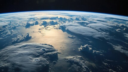 View of Earth from space showing clouds over ocean and landmass. Curved horizon under sunlight with visible atmosphere and space in background. Generative AI