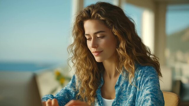 Focused woman using architectural software in a bright studio