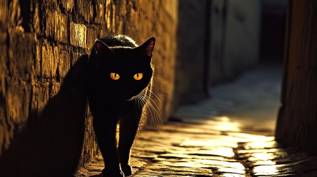 Black cat walking along alley with glowing eyes. Cobblestone path and dramatic warm light emphasize feline shape in narrow passage. Generative AI