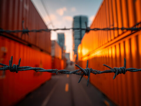 Urban alleyway with vibrant shipping containers and barbed wire during sunset