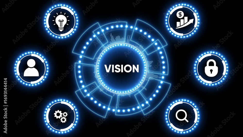 Poster vision digital hub with futuristic blue glowing icons and circuitry on black background innovation c
