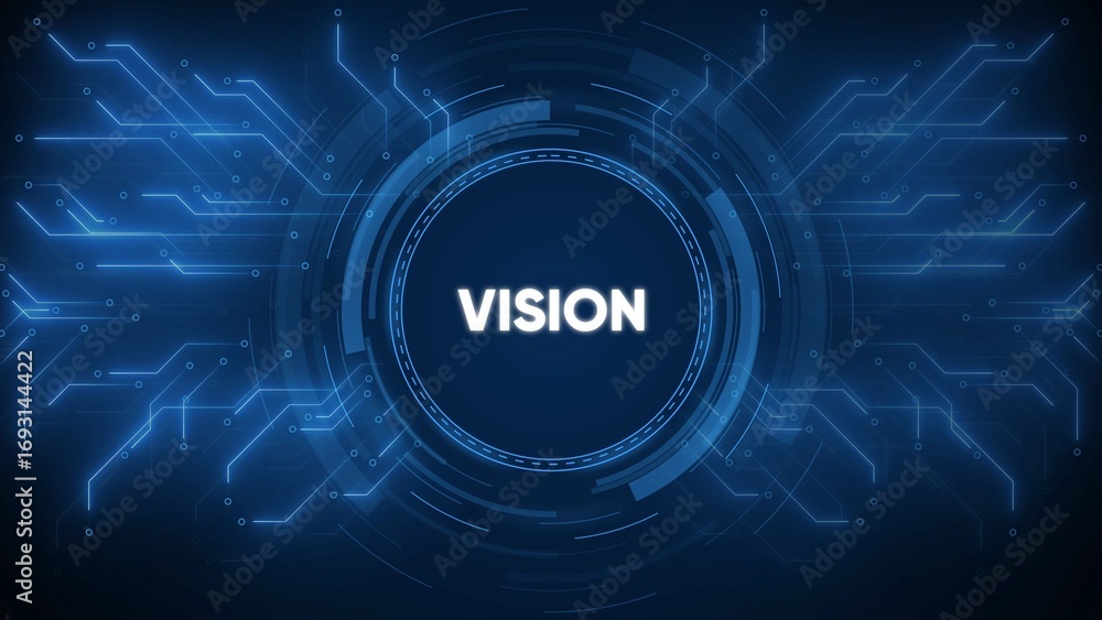 Aufkleber vision text centered within futuristic blue digital circuitry hud interface future foresight