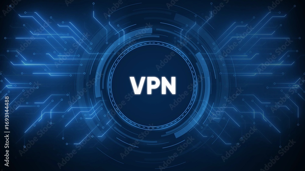 Poster vpn text centered within futuristic blue digital circuitry hud interface virtual private network