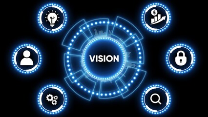 Vision Digital Hub with Futuristic Blue Glowing Icons and Circuitry on Black Background innovation connection