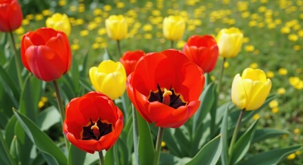 Fototapeta premium Red and yellow tulips blooming in a spring garden. Close-up of colorful flowers in a field. Natural floral background with selective focus.