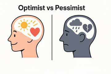 Illustration of optimist vs pessimist with symbols of sun and heart, clouds and broken heart in head. concept of positive vs negative thinking, mindset influence, personality traits