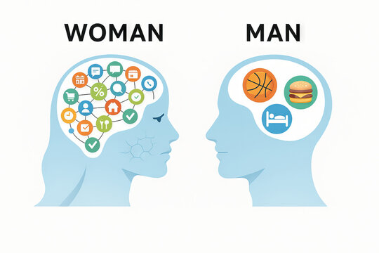 Illustration comparing cognitive process with icons in male and female silhouettes. concept of gender differences, perception, thought patterns