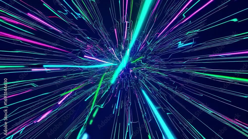 Poster glowing neon light streaks racing through dark cosmic space, creating vibrant dynamic patterns with 