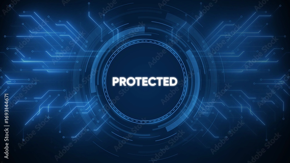 Aufkleber abstract blue digital circuit board with central circle displaying the word protected background