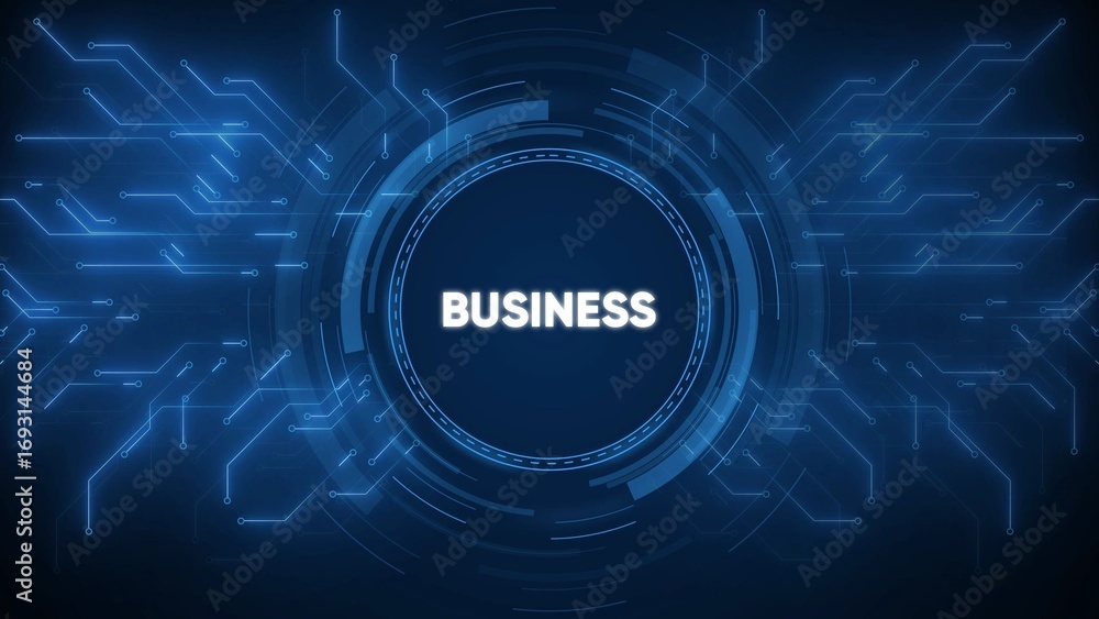 Aufkleber abstract digital hud interface with the word busines in the center on a dark blue background with gl