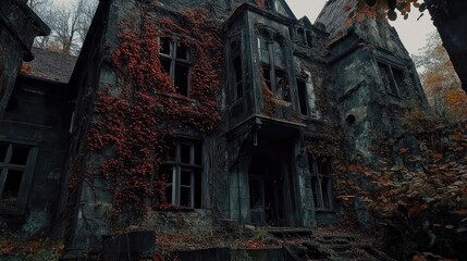 Fototapeta premium Abandoned house covered in ivy and overgrowth. Broken windows and aged facade create eerie mood in natural overgrown surroundings. Generative AI