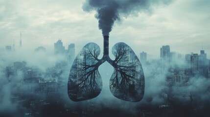 Surreal double exposure of human lungs as tree silhouettes connected to a smoking chimney over a foggy city, symbolizing the deadly link between air pollution, industrialization, and human health
