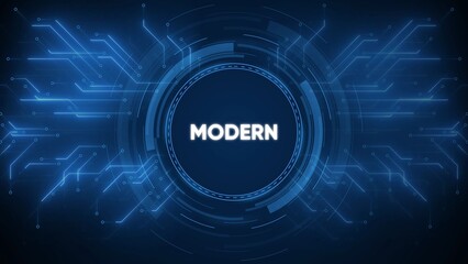 Abstract digital background with glowing blue circuit board elements and a central circle containing the word MODERN