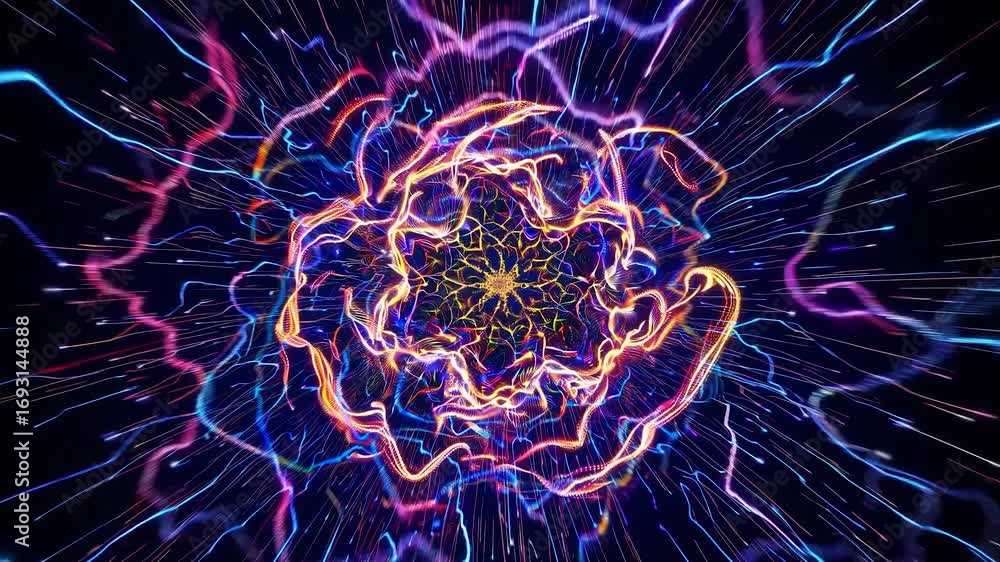 Poster vibrant energy core expanding, pulsating with radiant light particles against dark background, gener